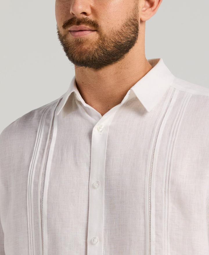 Linen Embroidered Tuck Panel Guayabera Shirt (Brilliant White) 