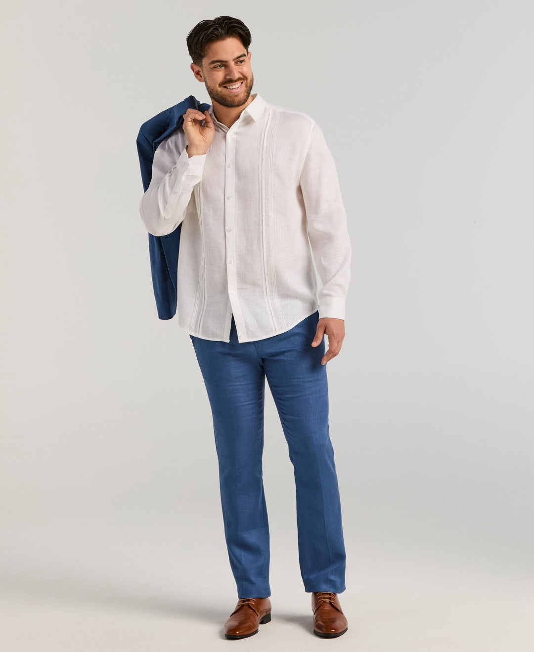 Linen Embroidered Tuck Panel Guayabera Shirt (Brilliant White) 