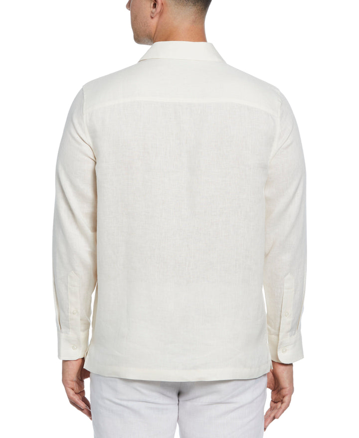 Linen Eyelet Panel Guayabera Shirt (Egret) 