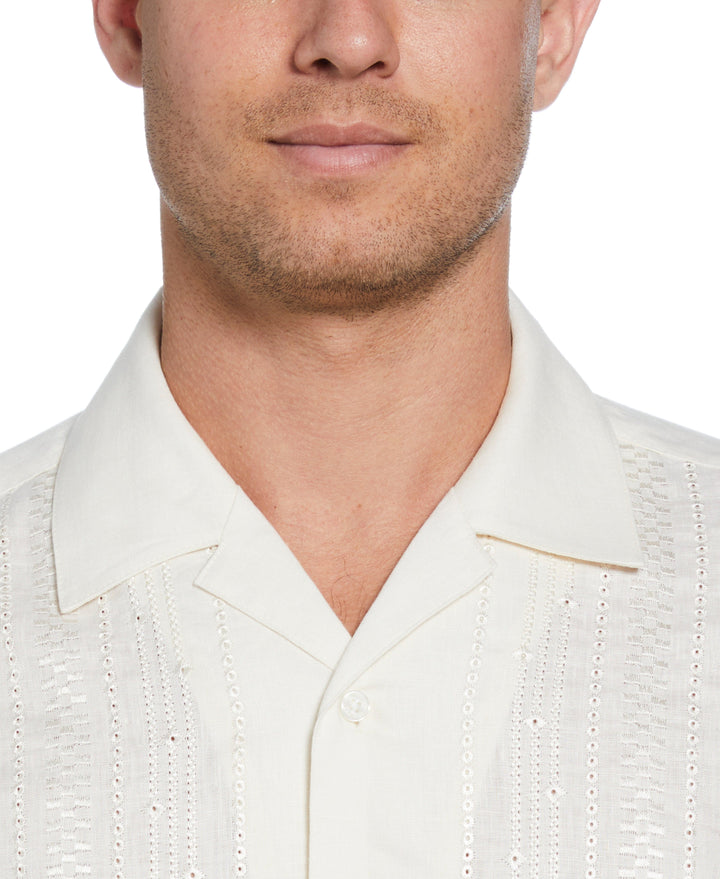 Linen Eyelet Panel Guayabera Shirt (Egret) 