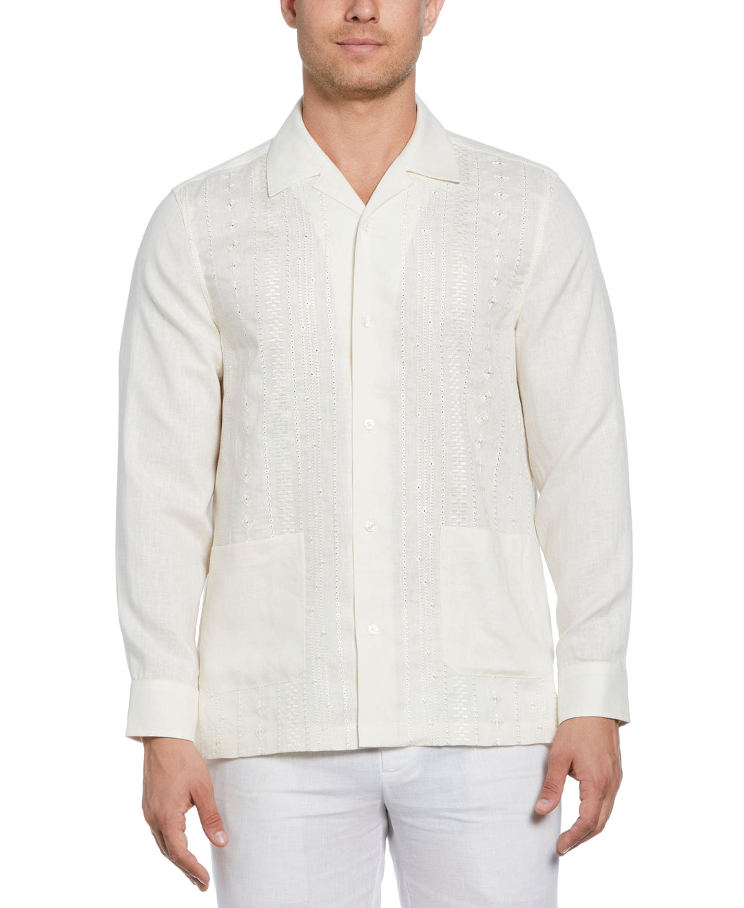 Linen Eyelet Panel Guayabera Shirt (Egret) 