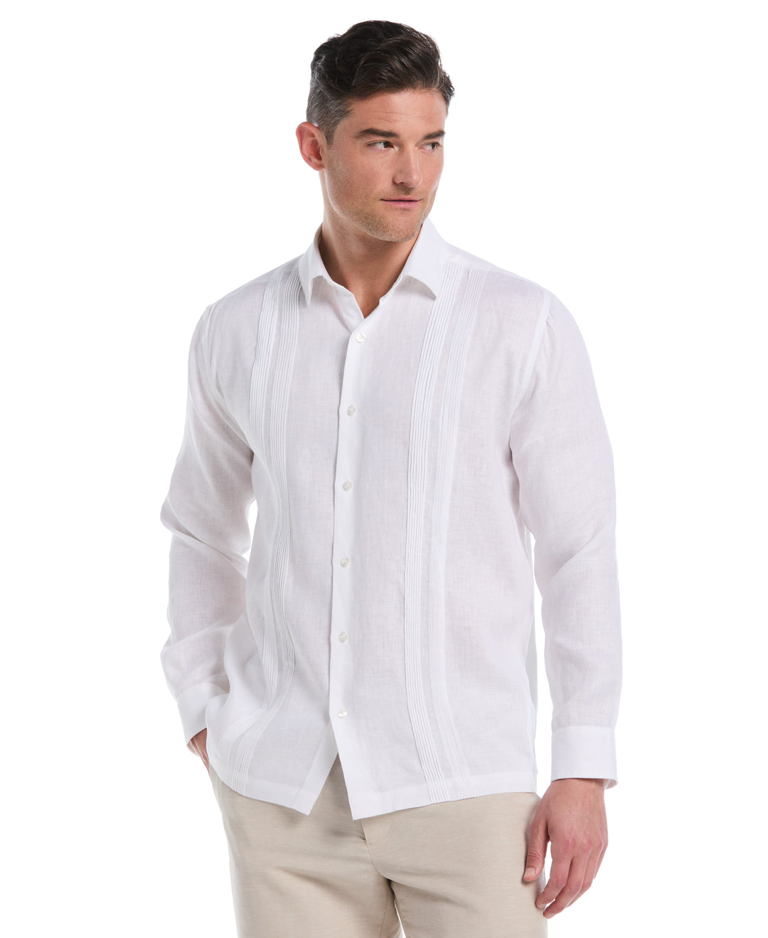 Modern Linen Multi Pintuck Guayabera Shirt (Brilliant White) 