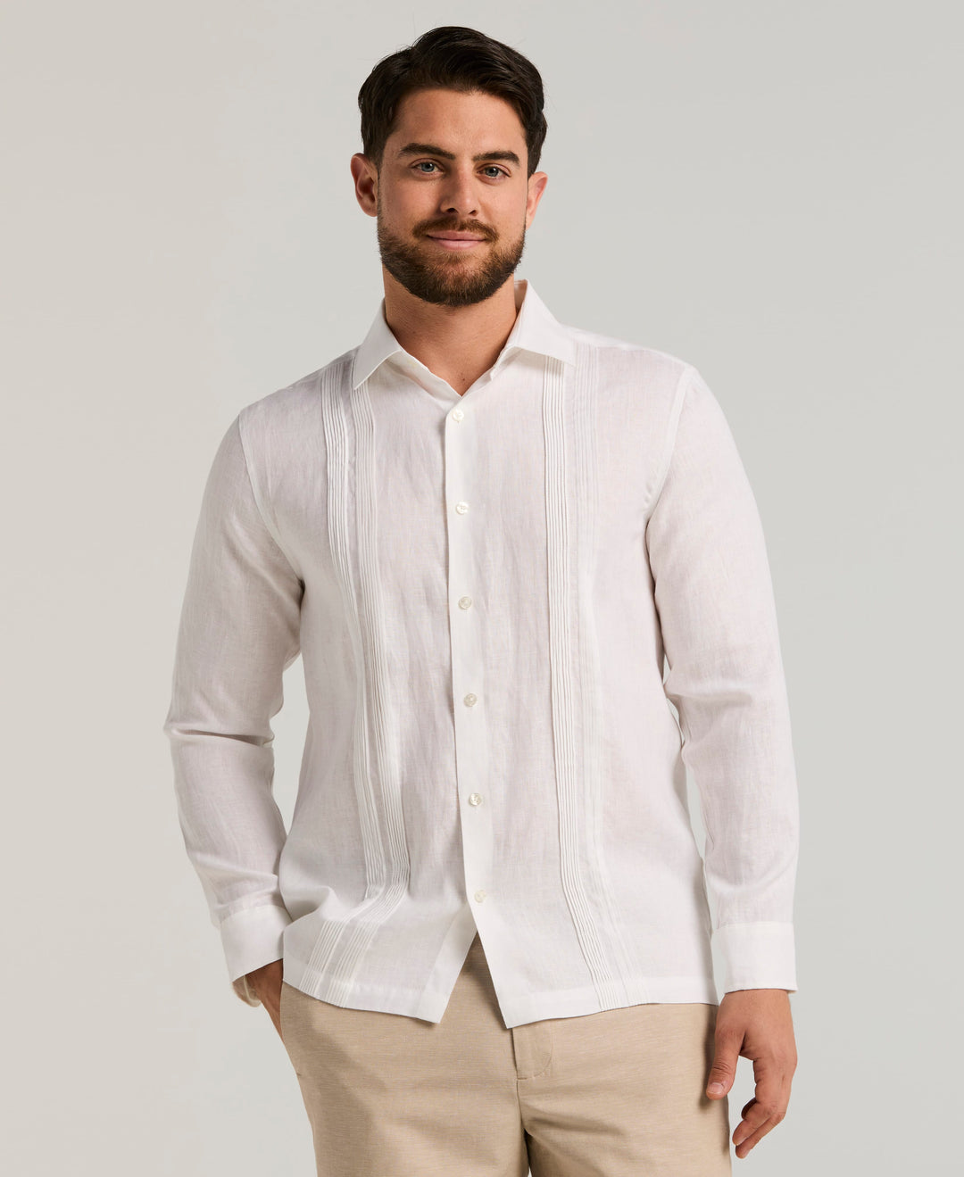 Modern Linen Multi Pintuck Guayabera Shirt (Brilliant White) 