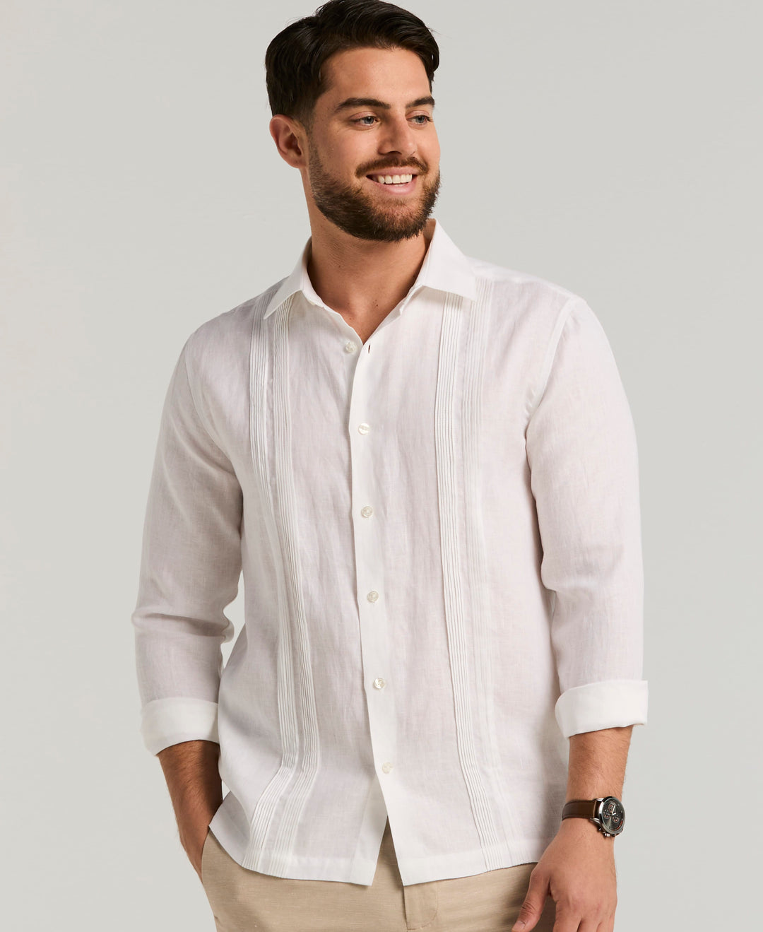 Modern Linen Multi Pintuck Guayabera Shirt (Brilliant White) 