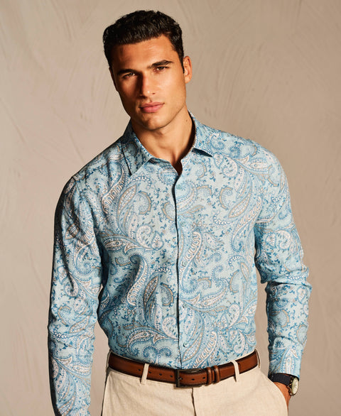 Long Sleeve Linen Allover Paisley Printed Shirt-Casual Shirts-Cubavera
