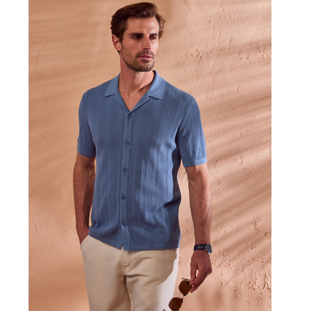 Mesh Stripe Short Sleeve Sweater-Sweaters-Cubavera