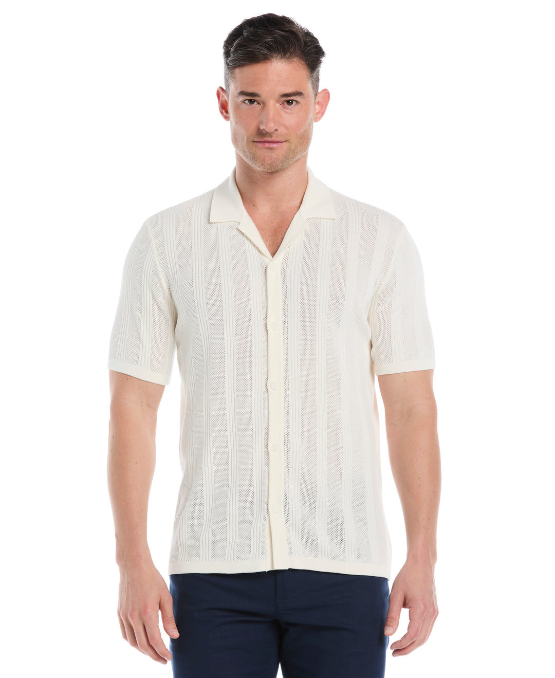 Mesh Stripe Short Sleeve Sweater (Egret) 