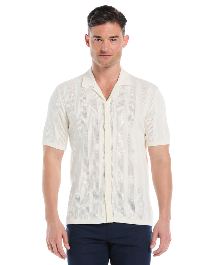 Mesh Stripe Short Sleeve Sweater (Egret) 