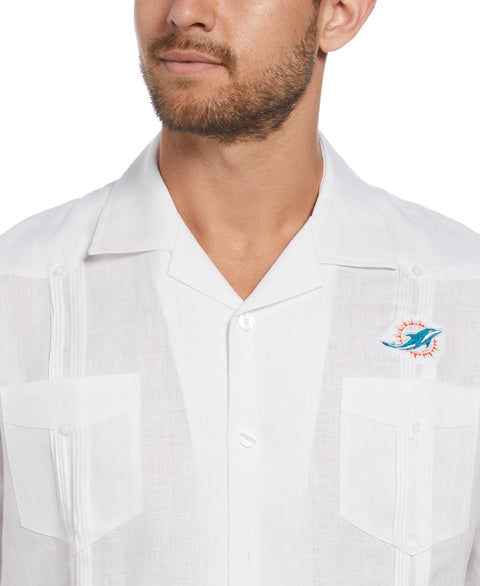 Miami Dolphins Logo Linen Short Sleeve 4 Pocket Guayabera (Bright White) 
