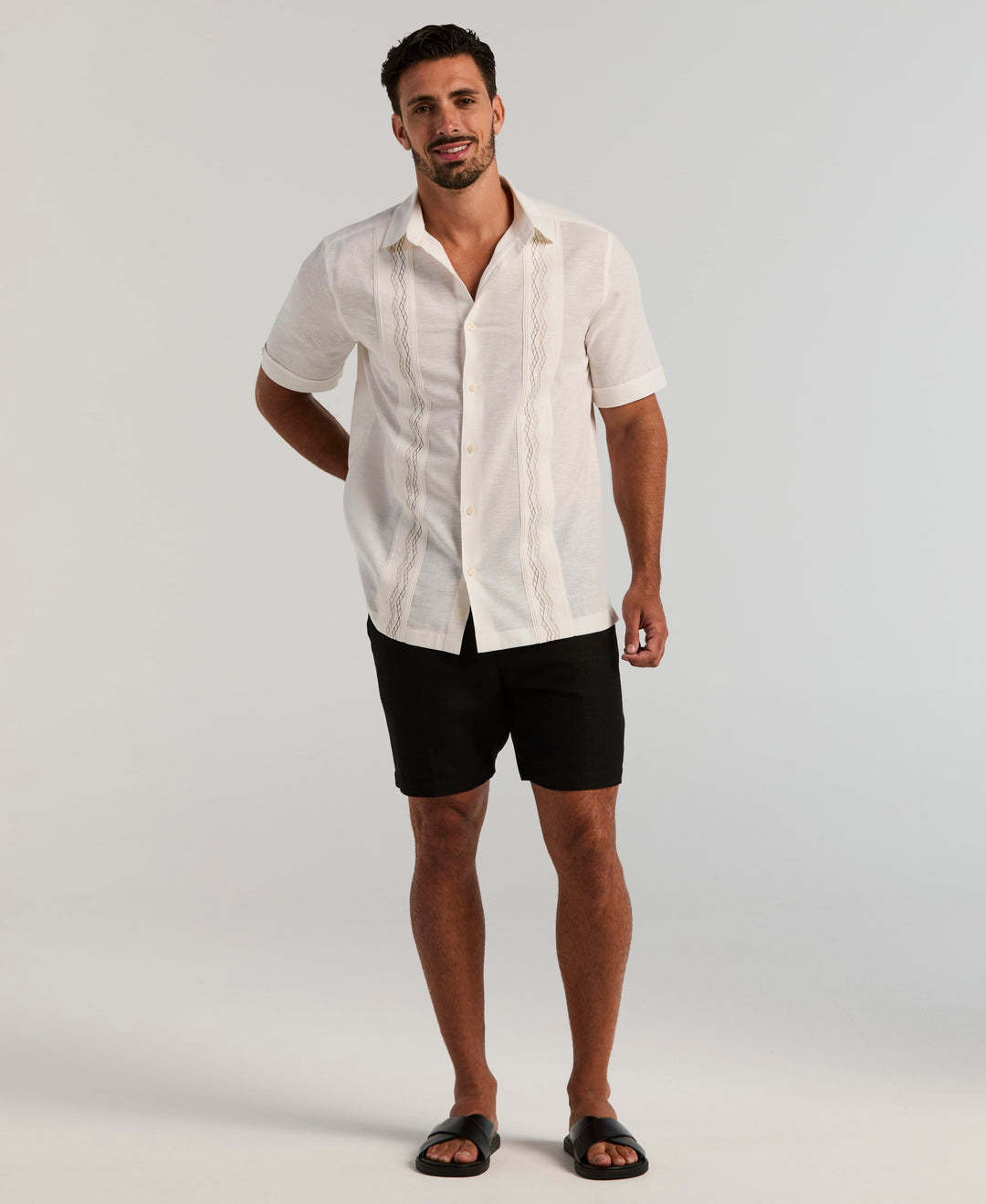 Linen Blend Multi-Tuck Embroidered Guayabera Shirt (Egret) 