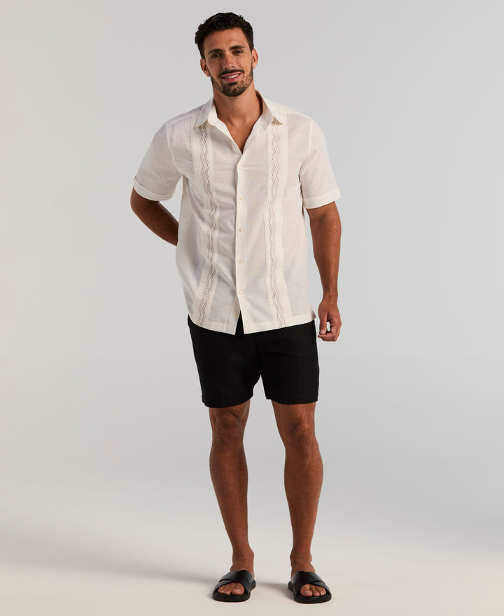 Linen Blend Multi-Tuck Embroidered Guayabera Shirt (Egret) 