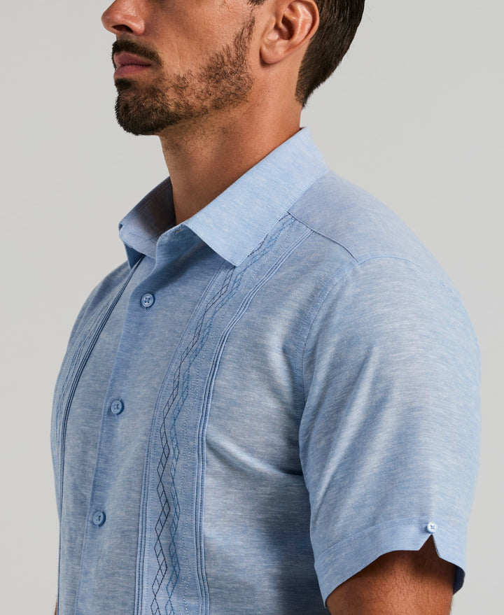 Linen Blend Multi-Tuck Embroidered Guayabera Shirt (Lichen Blue) 