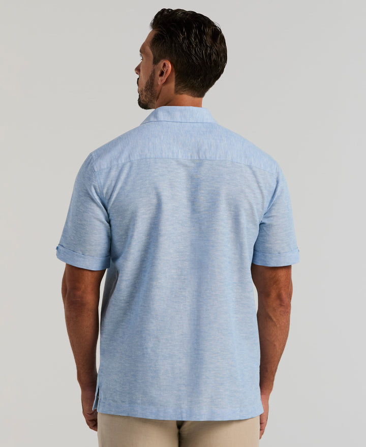 Linen Blend Multi-Tuck Embroidered Guayabera Shirt (Lichen Blue) 
