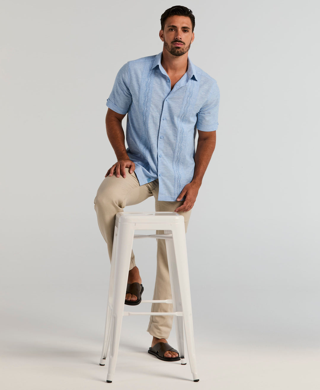 Linen Blend Multi-Tuck Embroidered Guayabera Shirt (Lichen Blue) 