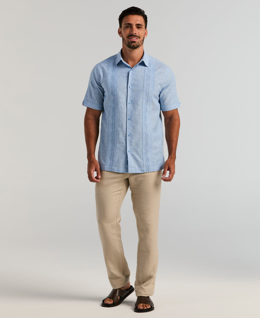 Linen Blend Multi-Tuck Embroidered Guayabera Shirt (Lichen Blue) 