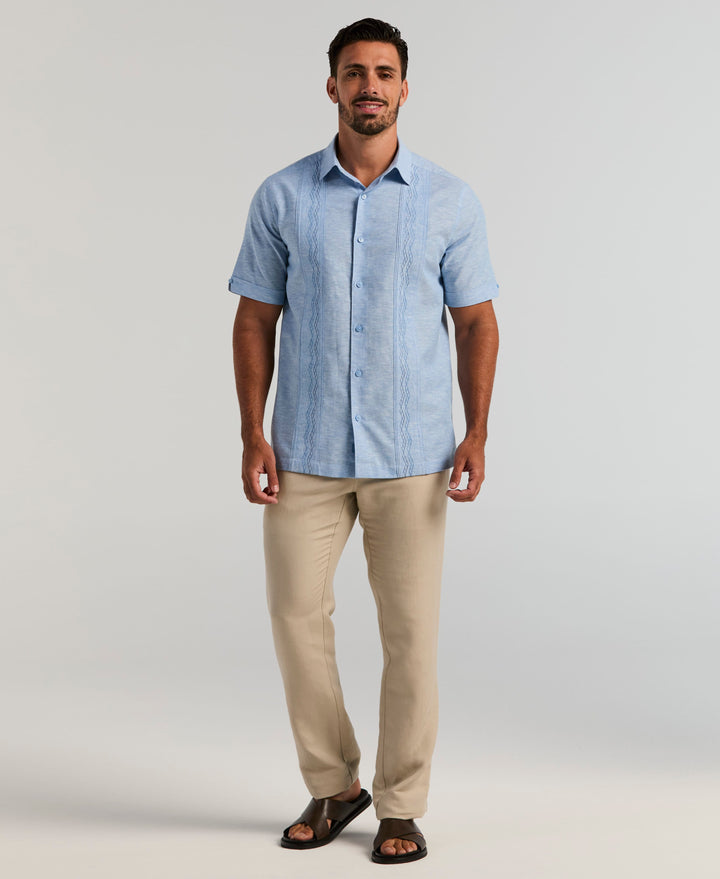 Linen Blend Multi-Tuck Embroidered Guayabera Shirt (Lichen Blue) 