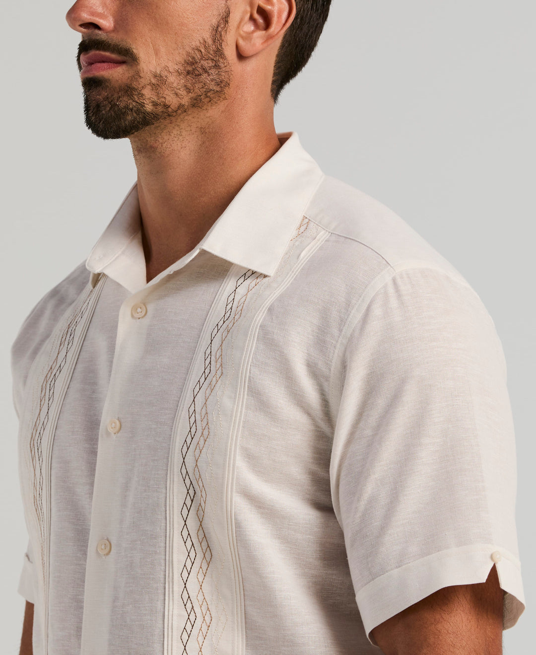 Linen Blend Multi-Tuck Embroidered Guayabera Shirt (Egret) 