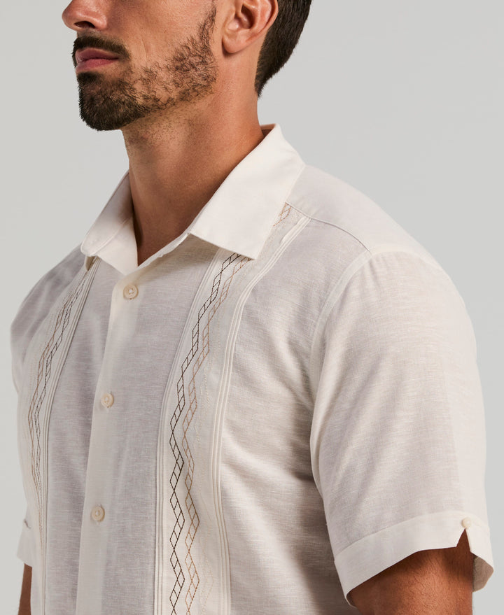 Linen Blend Multi-Tuck Embroidered Guayabera Shirt (Egret) 