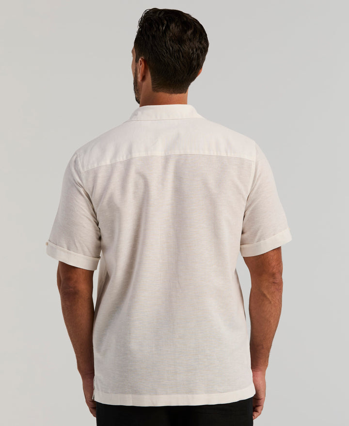 Linen Blend Multi-Tuck Embroidered Guayabera Shirt (Egret) 