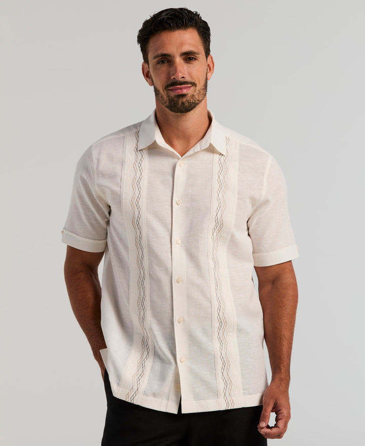 Linen Blend Multi-Tuck Embroidered Guayabera Shirt (Egret) 