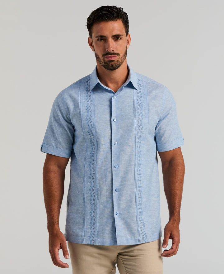 Linen Blend Multi-Tuck Embroidered Guayabera Shirt (Lichen Blue) 