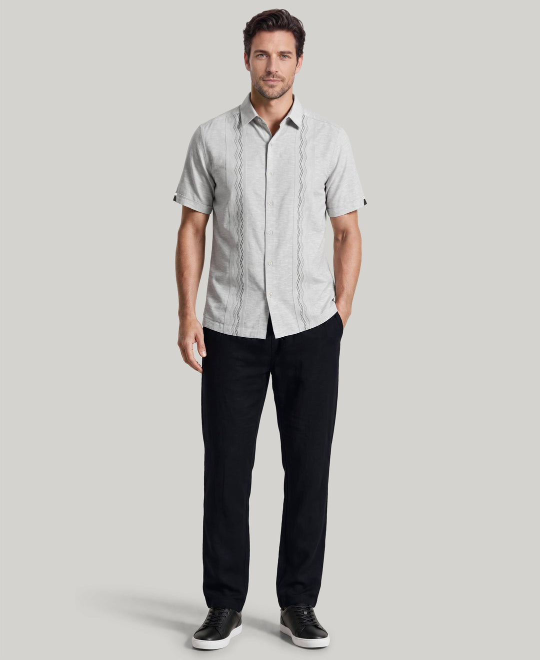 Linen Blend Multi-Tuck Embroidered Guayabera Shirt (Ultimate Gray) 
