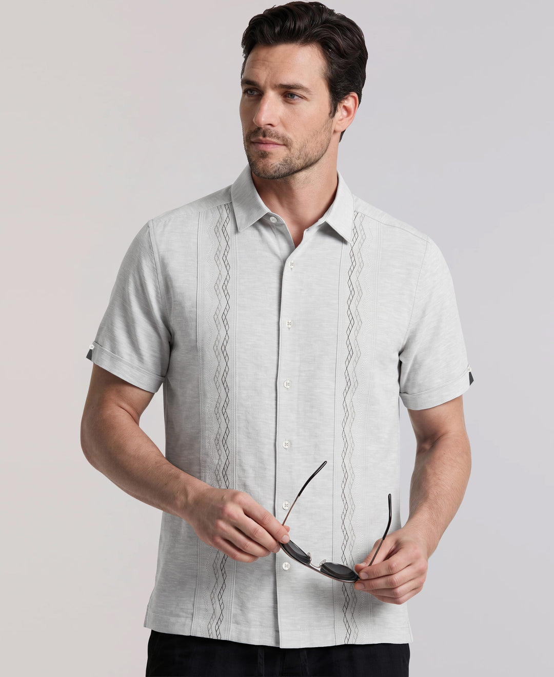 Linen Blend Multi-Tuck Embroidered Guayabera Shirt (Ultimate Gray) 