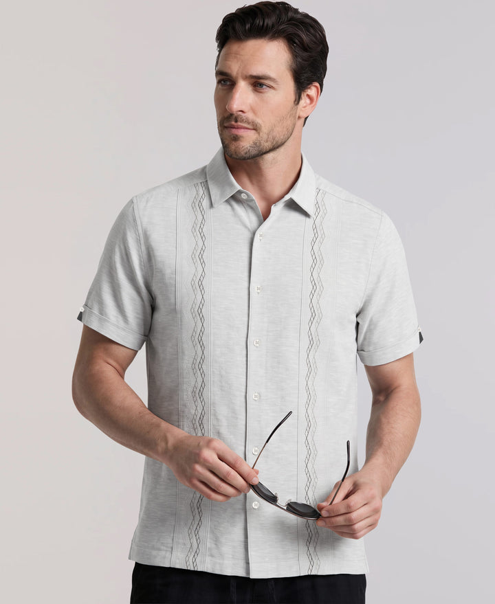 Linen Blend Multi-Tuck Embroidered Guayabera Shirt (Ultimate Gray) 