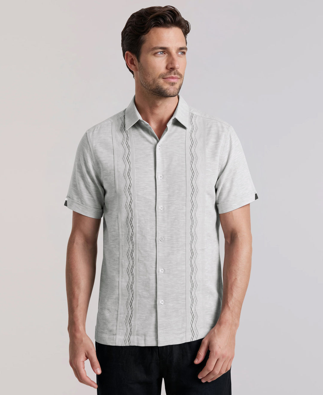 Linen Blend Multi-Tuck Embroidered Guayabera Shirt (Ultimate Gray) 