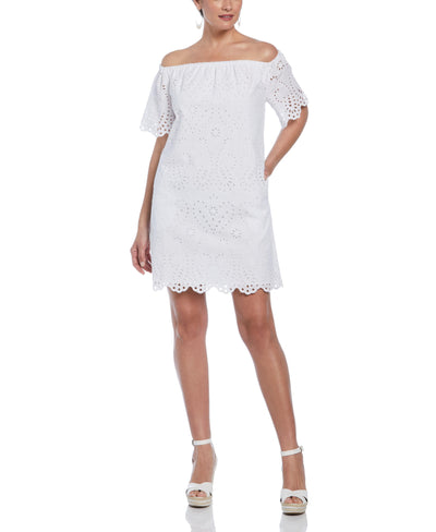 Off-Shoulder Embroidered Eyelet Dress (Brilliant White) 