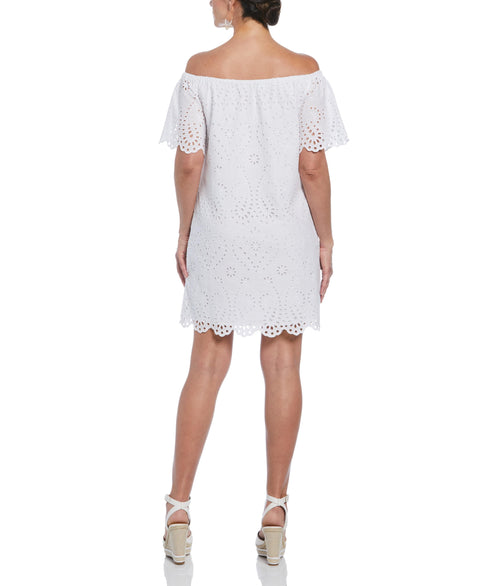 Off-Shoulder Embroidered Eyelet Dress (Brilliant White) 
