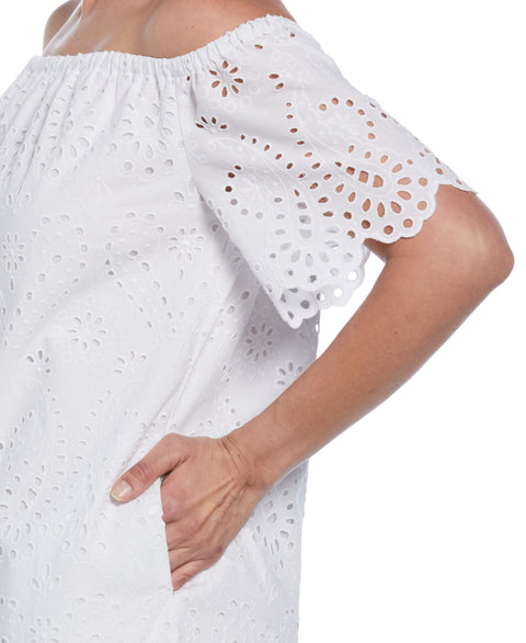 Off-Shoulder Embroidered Eyelet Dress (Brilliant White) 