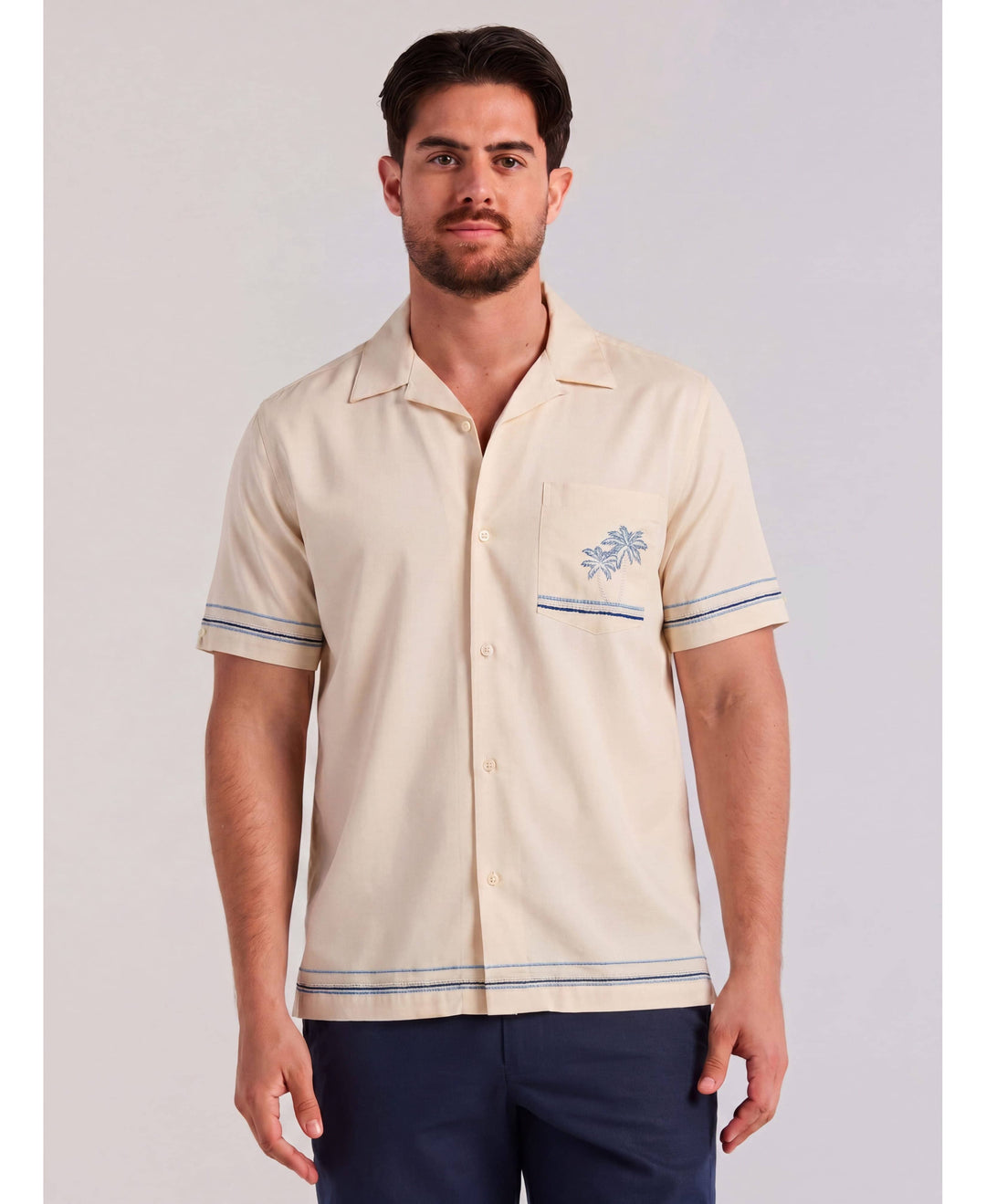 Palm & Border Embroidered Shirt-Casual Shirts-Cubavera