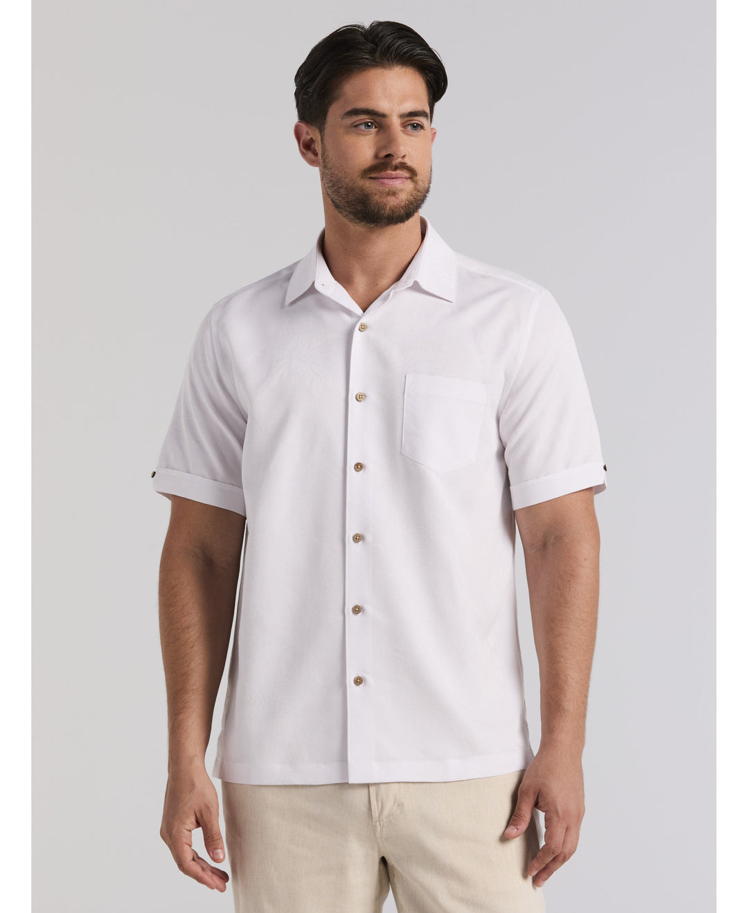 cubavera dress shirts Cubavera Men's No-Pocket Guayabera Short Sleeve Shirt in Brilliant White, Size Small, Linen Blend