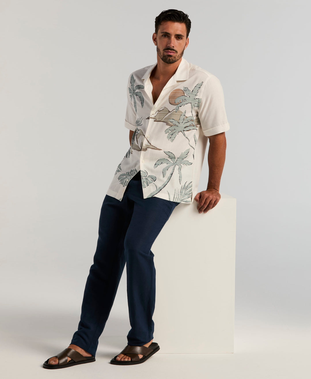 Scenic Print Guayabera Shirt (Egret) 