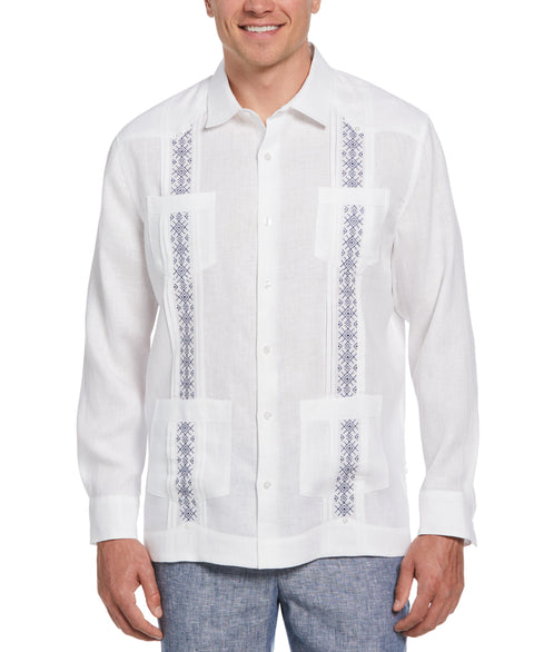 Solid Linen Guayabera Shirt with Contrast Embroidery (Brilliant White) 