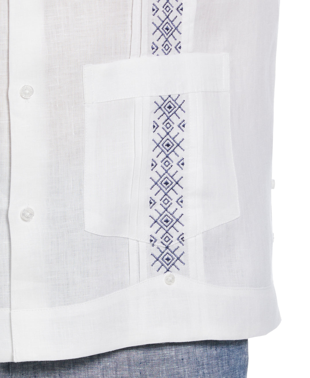 Solid Linen Guayabera Shirt with Contrast Embroidery (Brilliant White) 