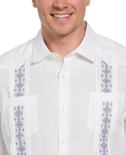 Solid Linen Guayabera Shirt with Contrast Embroidery (Brilliant White) 