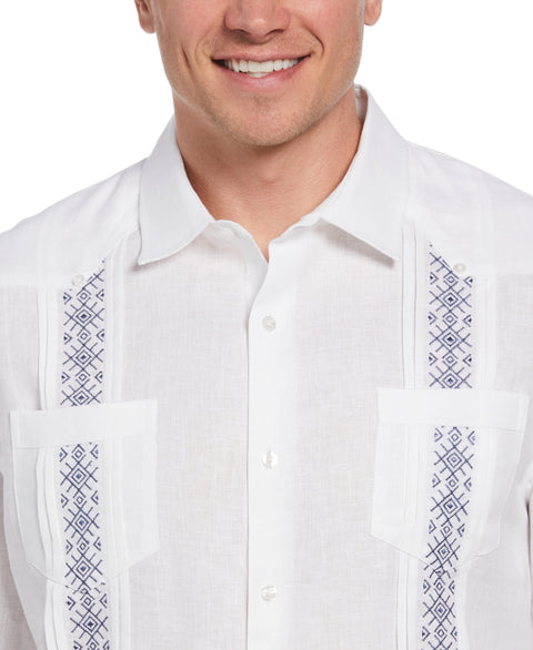Solid Linen Guayabera Shirt with Contrast Embroidery (Brilliant White) 
