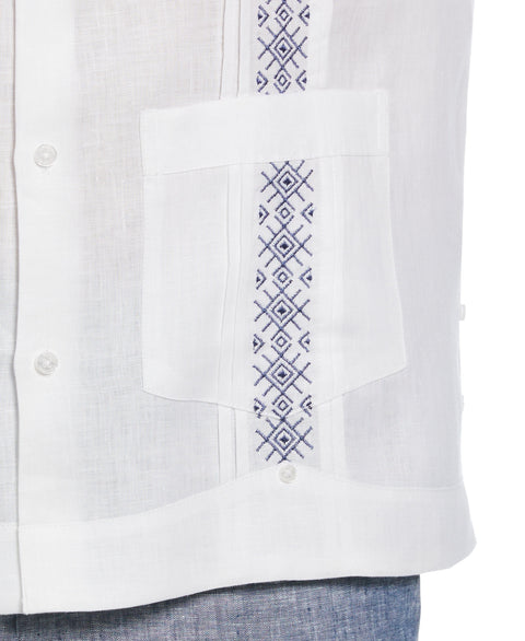 Solid Linen Guayabera Shirt with Contrast Embroidery (Brilliant White) 