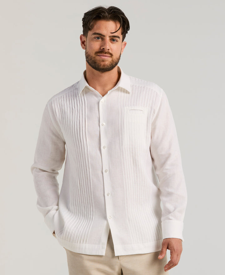 Solid Linen Presidential Guayabera Shirt (Brilliant White) 