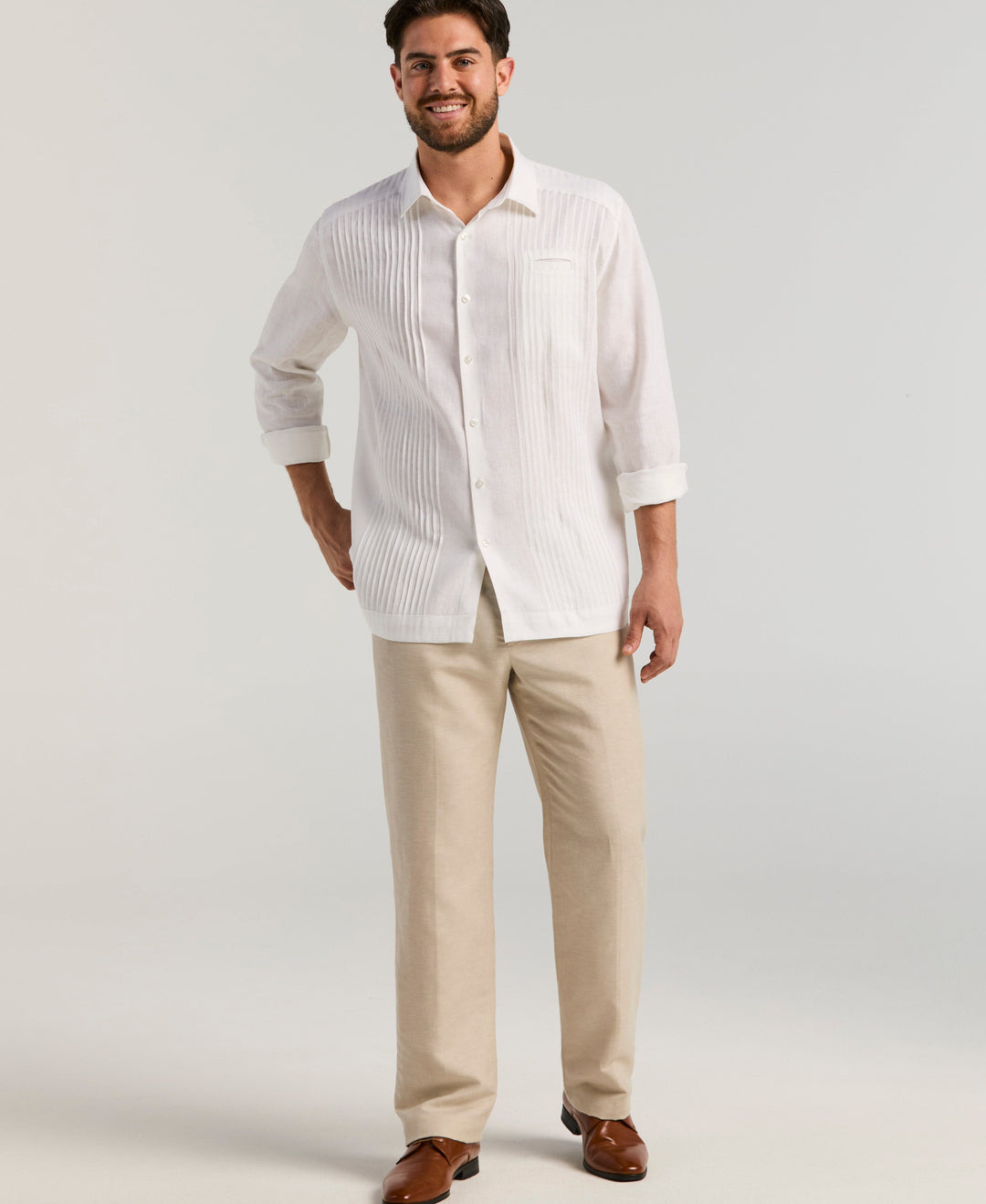 Solid Linen Presidential Guayabera Shirt (Brilliant White) 