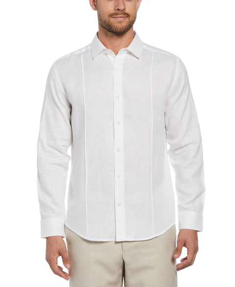 100% Linen Tuck Long Sleeve Button-Down Shirt (Bright White) 