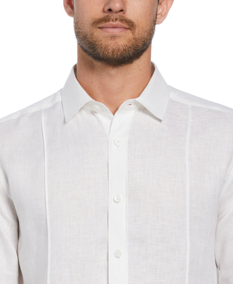 100% Linen Tuck Long Sleeve Button-Down Shirt (Bright White) 