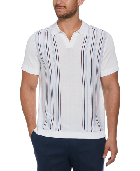 Striped Johnny Collar Polo Sweater (Brilliant White) 