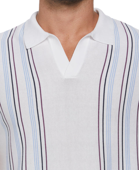 Striped Johnny Collar Polo Sweater (Brilliant White) 