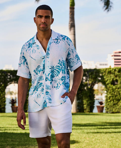Textured Geometric Palm Print Shirt-Casual Shirts-Cubavera