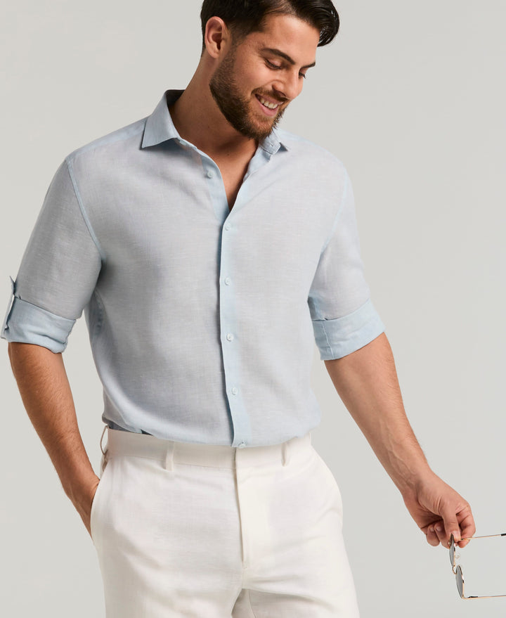 Linen Blend Wrinkle-Resistant Shirt (Cerulean) 