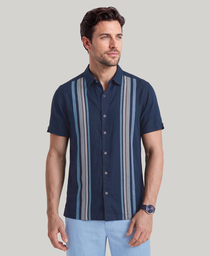 Big & Tall Linen Blend Vertical Panel Dobby Shirt (Pageant Blue) 