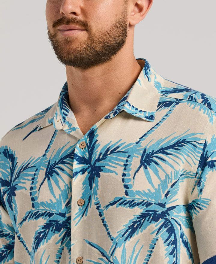 VISCOSE TWO-TONE PALM PRINT SHIRT (White Swan) 